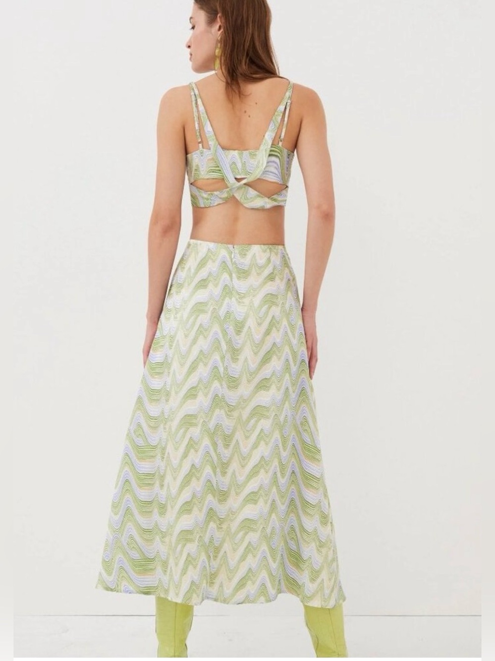 For Love And Lemons Green and White Wave-Print Mini Dress size L - Picture 2 of 14